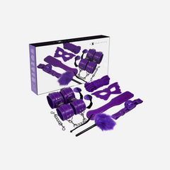 Fetish Kit BDSM Viola Set Manette In Cuoio In Pelle Lama Maschera Corde Piume