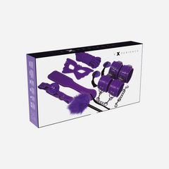 Fetish Kit BDSM Viola Set Manette In Cuoio In Pelle Lama Maschera Corde Piume