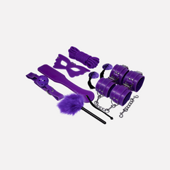 Fetish Kit BDSM Viola Set Manette In Cuoio In Pelle Lama Maschera Corde Piume