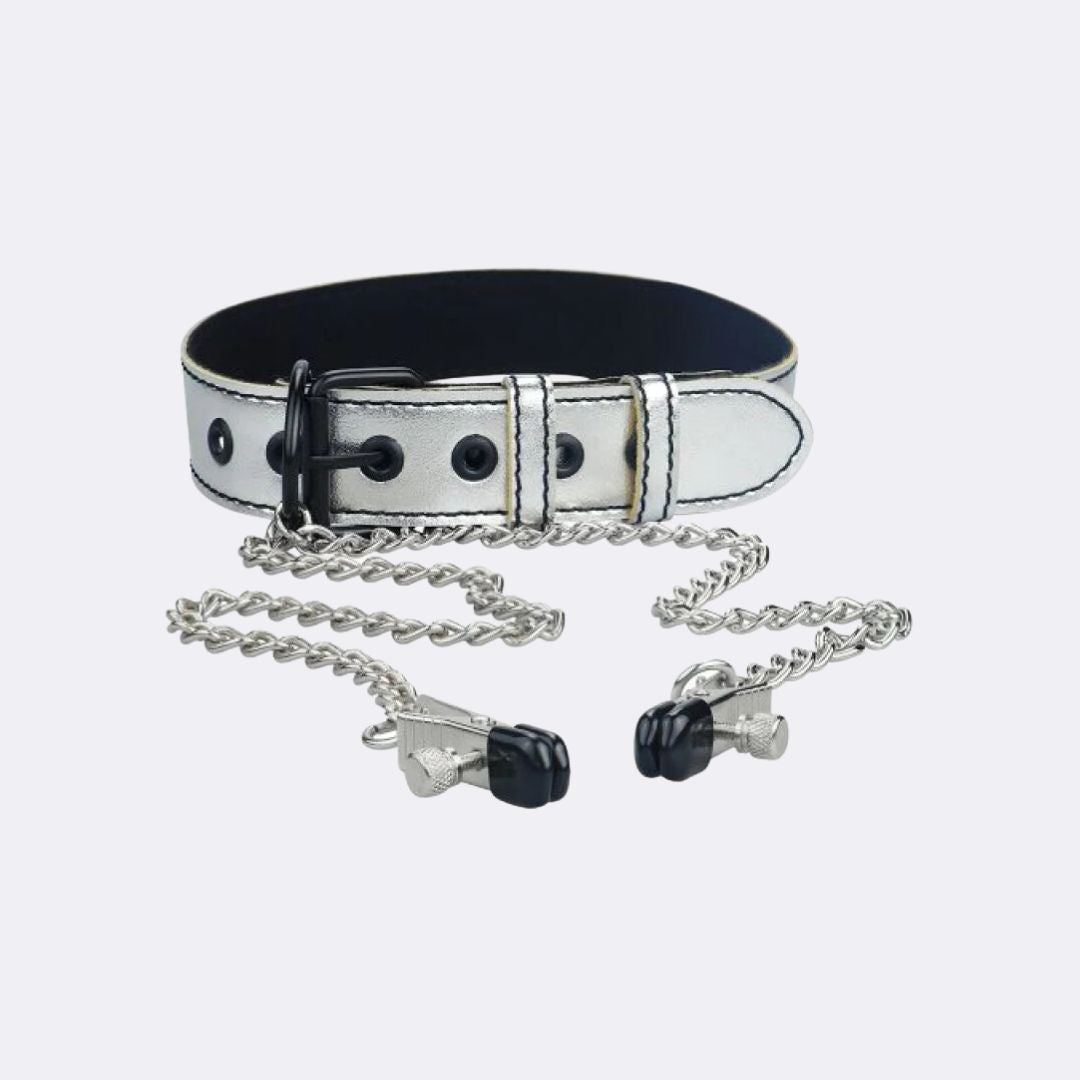 sexy shop Collare e Pinze Argento Metallic Silver Bondage Fetish - Sensualshop toys