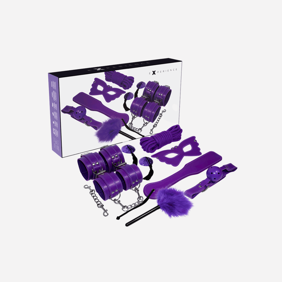 Fetish Kit BDSM Viola Set Manette In Cuoio In Pelle  Lama Maschera Corde Piume