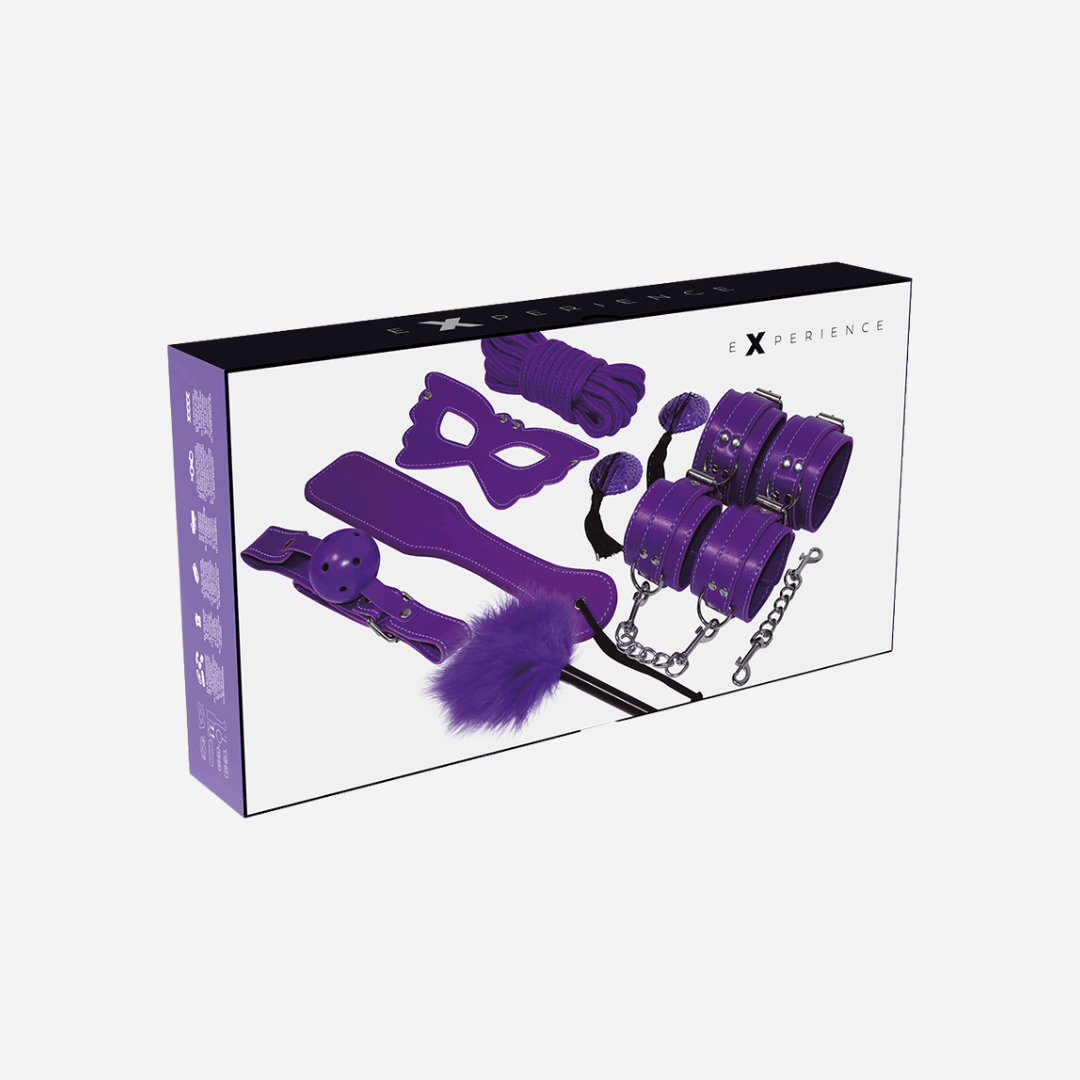 Fetish Kit BDSM Viola Set Manette In Cuoio In Pelle  Lama Maschera Corde Piume