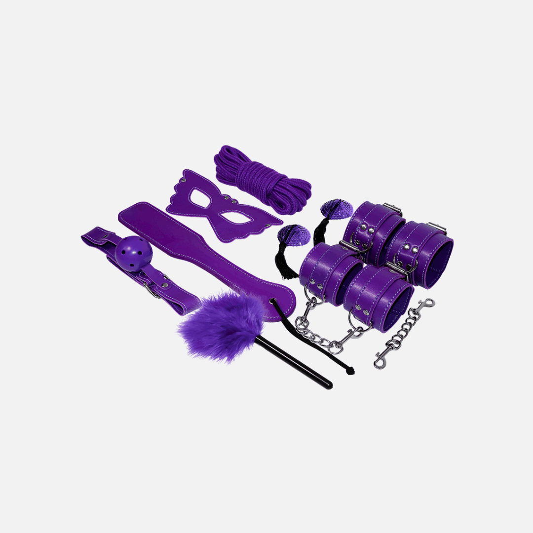 Fetish Kit BDSM Viola Set Manette In Cuoio In Pelle  Lama Maschera Corde Piume